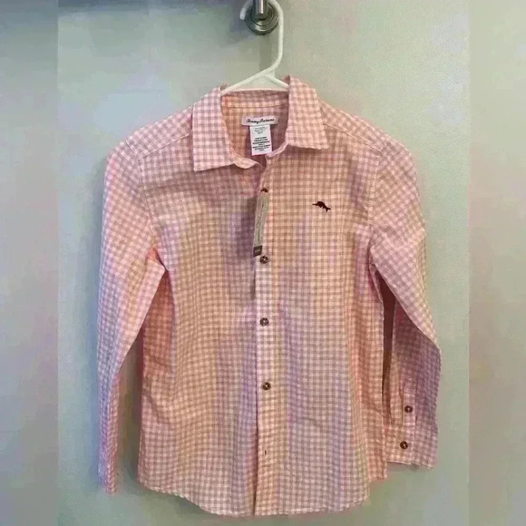Tommy Bahama boys, pink and white checkered dress shirt. Large 10/12 nwt - Picture 1 of 6